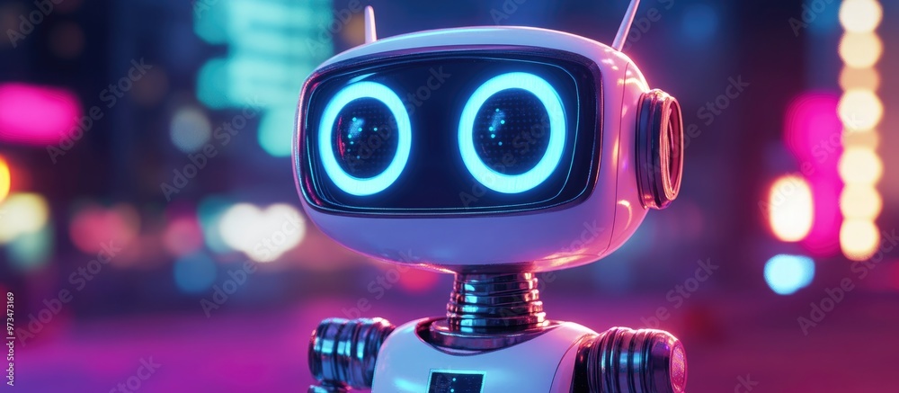 Poster 3d rendering of an adorable robot set against a studio backdrop