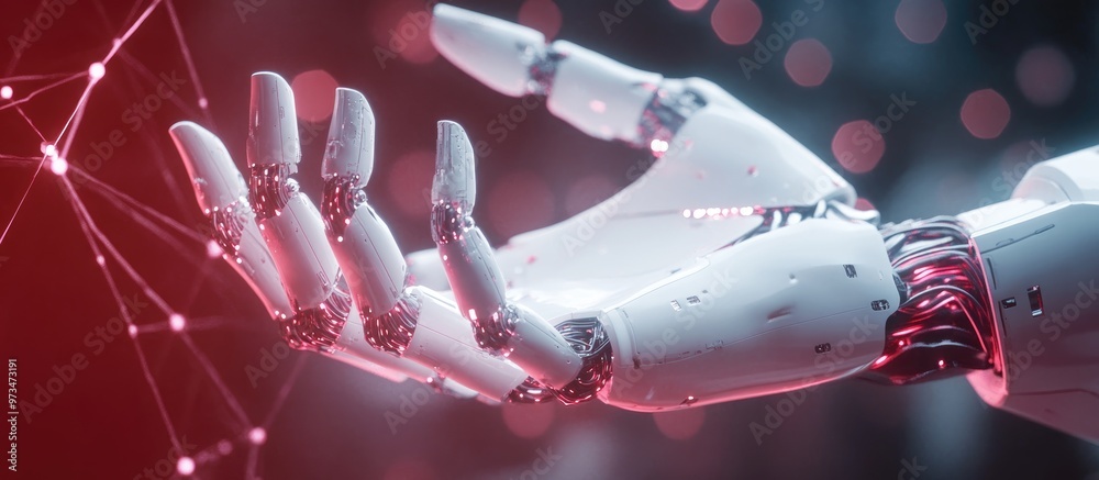 Poster white robotic hand with digital network connection on a blurred background presented in 3d rendering