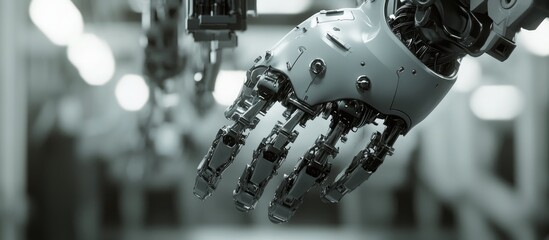 Fototapeta premium Futuristic 3D illustration of a metallic humanoid cyborg torso suspended from machinery with a focus on repair and technology elements