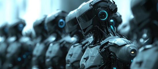 Futuristic robotic army or ensemble of cyborgs 3D rendering