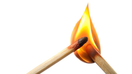 Two matchsticks igniting, showcasing the beauty of fire in a vibrant flame, perfect for illustrations and creative projects. Transparent or white background.