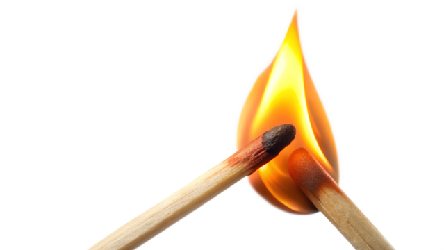 Two matchsticks igniting, showcasing the beauty of fire in a vibrant flame, perfect for illustrations and creative projects. Transparent or white background.
