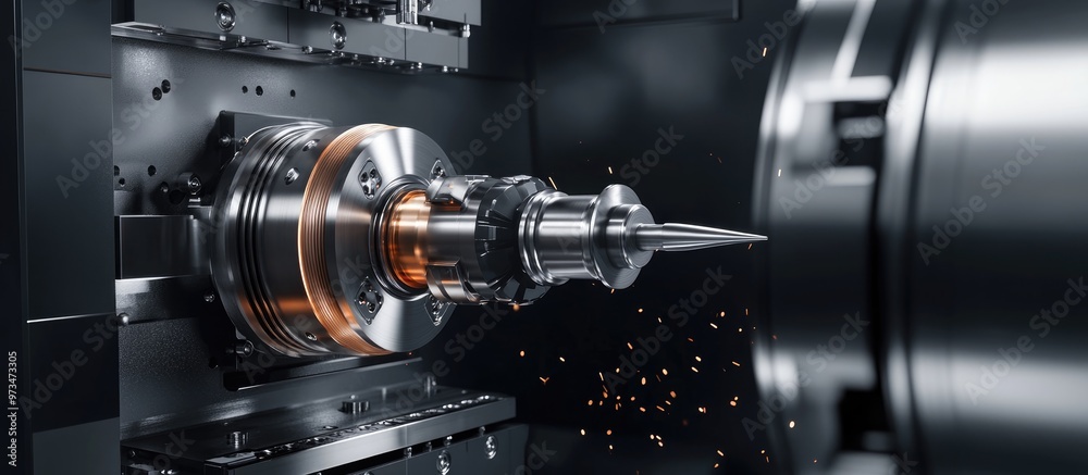Poster cnc lathe machine performing drilling on pipe connector components advanced metalworking process uti