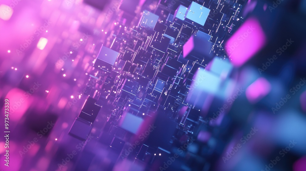 Poster blurred abstract background featuring a blue violet gradient with square bokeh and sleek gray lines 
