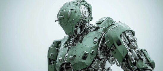 Fototapeta premium Futuristic mech soldier in green and gray metal standing against a white background Pilot controlled robot with scratched armor showcasing a sci fi battle scene 3D rendering