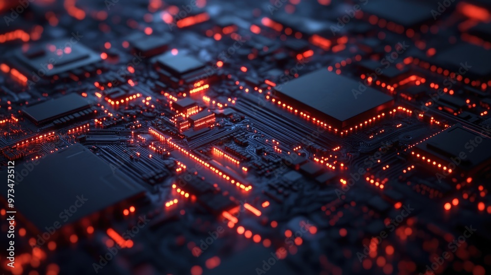 Poster data processing composition on a computer circuit board against a dark backdrop concept of technolog