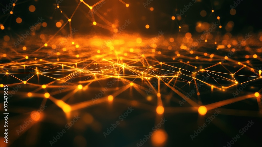 Poster glowing lines and dots create a digital plexus in this abstract 3d rendering representing a network 