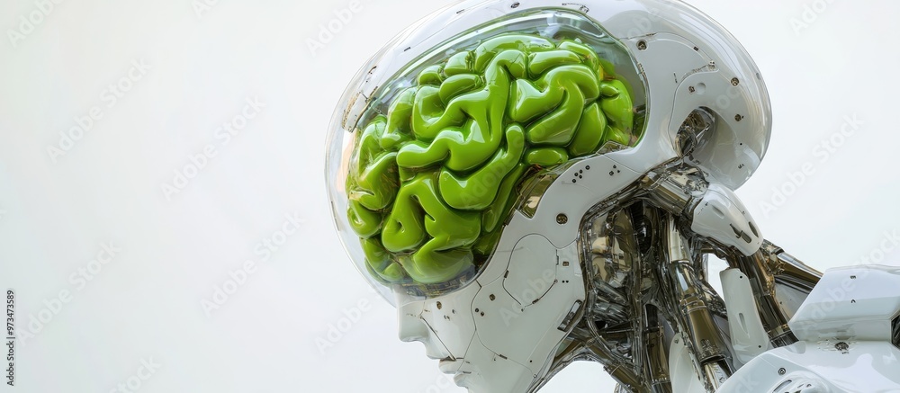 Poster android robot featuring a large green brain representing the concept of artificial intelligence set 