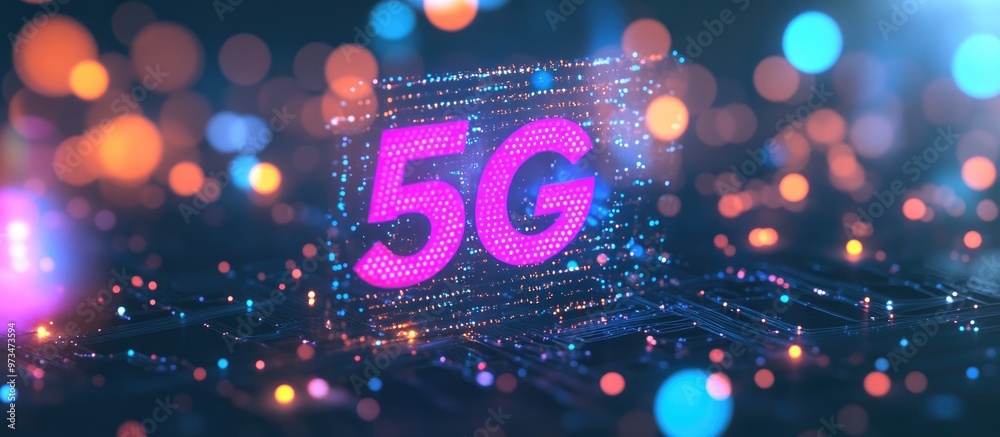 Poster vibrant 5g circuit hologram illuminated against a backdrop of soft bokeh circles symbolizing mobile 