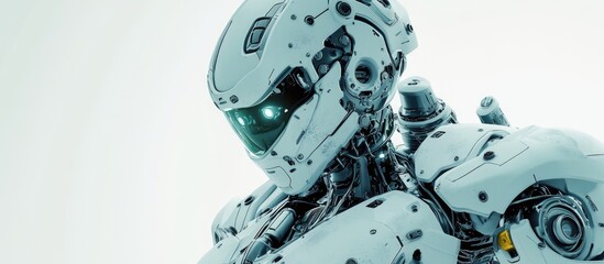 Futuristic mech soldier in a white setting Military robot in green and gray metal featuring scratched armor Pilot controlled mech poised for battle 3D rendering