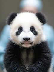 Fototapeta premium Close-up Portrait of a Curious Panda Cub with Black and White Fur