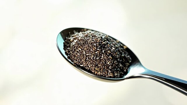Spoon filled with tiny black chia seeds. The close-up showcases the seeds' glossy texture and details, emphasizing their health benefits and superfood status.
