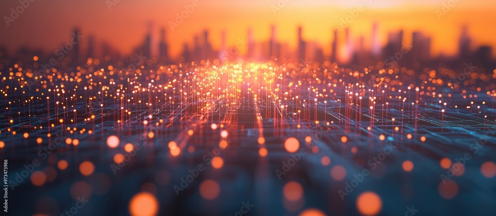 Poster abstract representation of a smart city with dotted connections and gradient lines illustrating the 