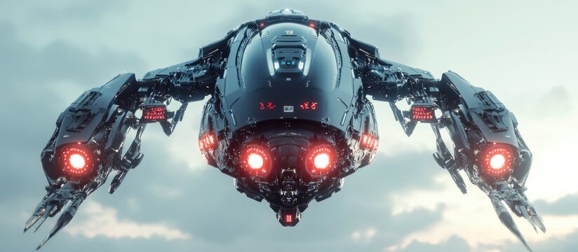 Fast flying cyber mech from a rear perspective 3D illustration