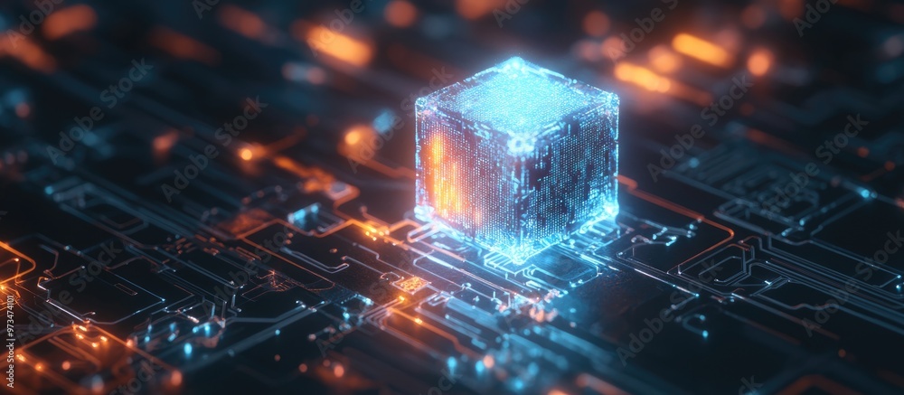 Poster a luminous ai cube placed on a high tech circuit board symbolizing cutting edge artificial intellige