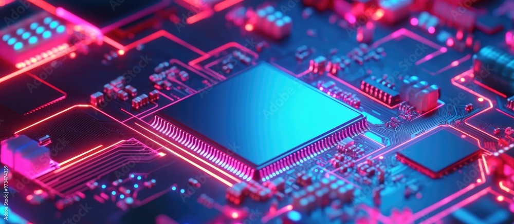 Poster close up of a computer processor chip represents cpu technology device upgrades and electronic devel