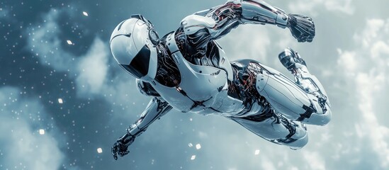 Cyborg descending like a comic book hero in a dynamic 3D illustration