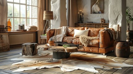 Rustic Living Room with Leather Sofa, Cowhide Rug, and Wooden Coffee Table