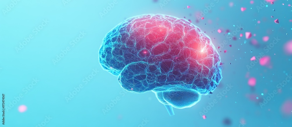 Poster glowing polygonal brain hologram on a soft blue background representing concepts in neurology and ar