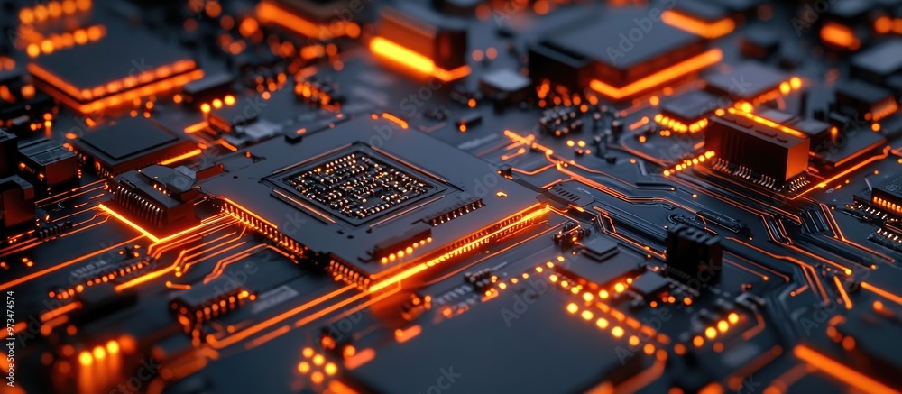 Poster abstract close up of an electronic mainboard featuring components such as a cpu circuit pathways and