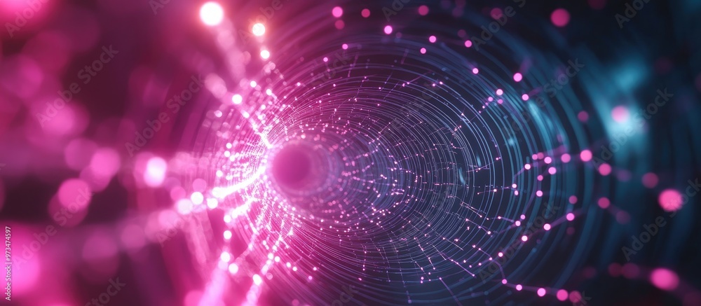 Poster connected dots and lines forming a tunnel with illuminated fiber rays and a gradient backdrop repres