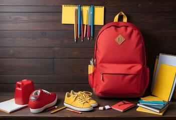 A red backpack with school supplies including a notebook, pencil