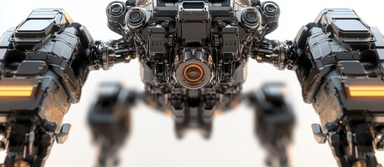 Fototapeta premium Close up of a heavy mech s rear view against a white background featuring detailed 3D rendering