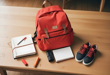 A red backpack with school supplies including a notebook, pencil