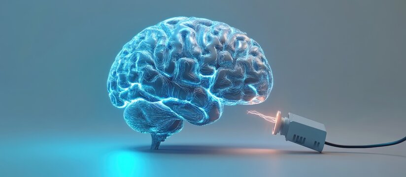 Digital representation of a human brain connected to an electrical plug symbolizing artificial intelligence 3D illustration