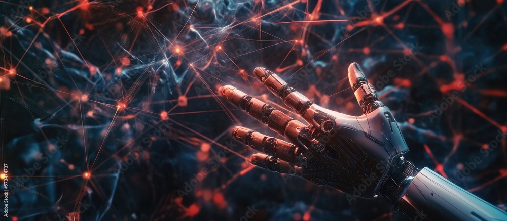 Aufkleber robot and human hands connecting within a vast data network backdrop highlighting advancements in sc