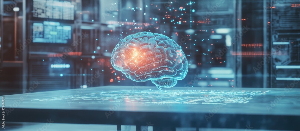 Poster double exposure image featuring a table with a computer and a hologram of a brain symbolizing concep