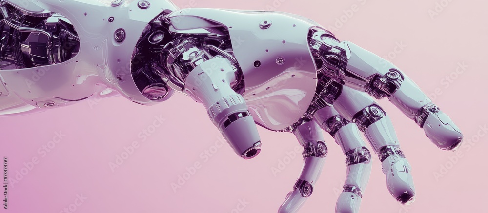 Poster 3d rendering of a robot body missing hand components set against a light violet background