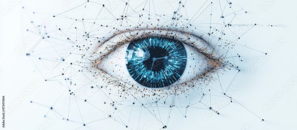 Poster isolated view of an artificial intelligence eye with interconnected points on a white background