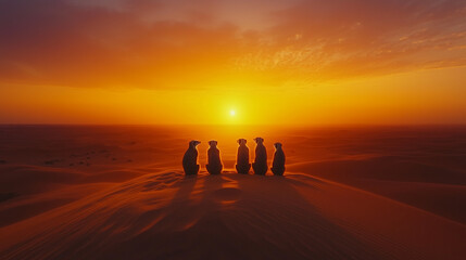 Fototapeta premium Meerkats Standing on Desert Hill During Sunset