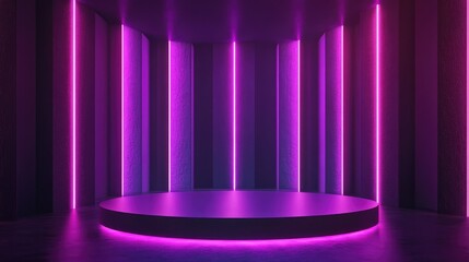 Dark neon lighting with a pedestal Exhibition area for branded products Violet glow decor for luxury advertising design 3D render illustration for club promotion events