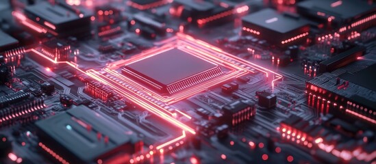 Fototapeta premium AI algorithms illustrated on a computer chip circuit with a data network diagram showcasing a business technology concept