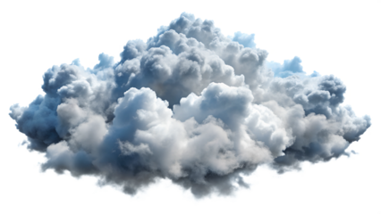 A fluffy cloud formation against a transparent background, perfect for various design projects and weather-related themes. Transparent or white background.