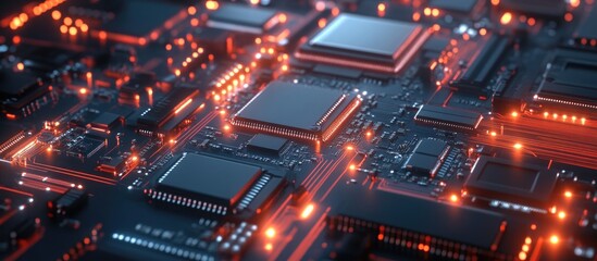 Fototapeta premium Futuristic electronic printed circuit board featuring microchips and processors Conceptual technology background 3D rendering of computer microchips and electronic microcircuits