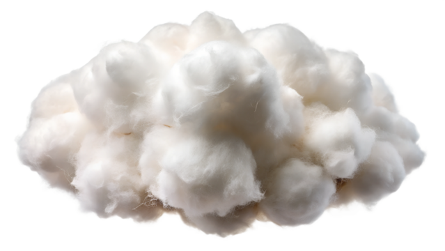 A fluffy cluster of cotton, showcasing its soft texture and pure white color, perfect for textile or nature concepts. Transparent or white background.