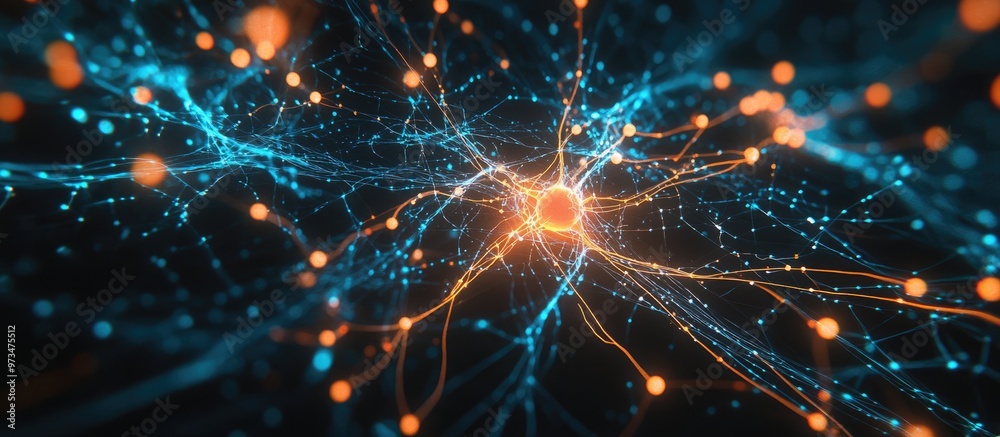Poster digital data and neural connectivity represented as artificial intelligence on a black background il