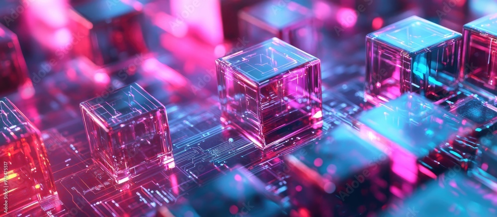 Poster cubes arranged in a structured layout against a backdrop of circuits featuring a digital representat