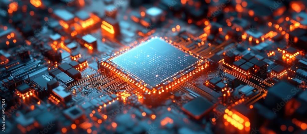 Poster quantum cpu in a nanotechnology based computer network 3d digital illustration depicting an abstract