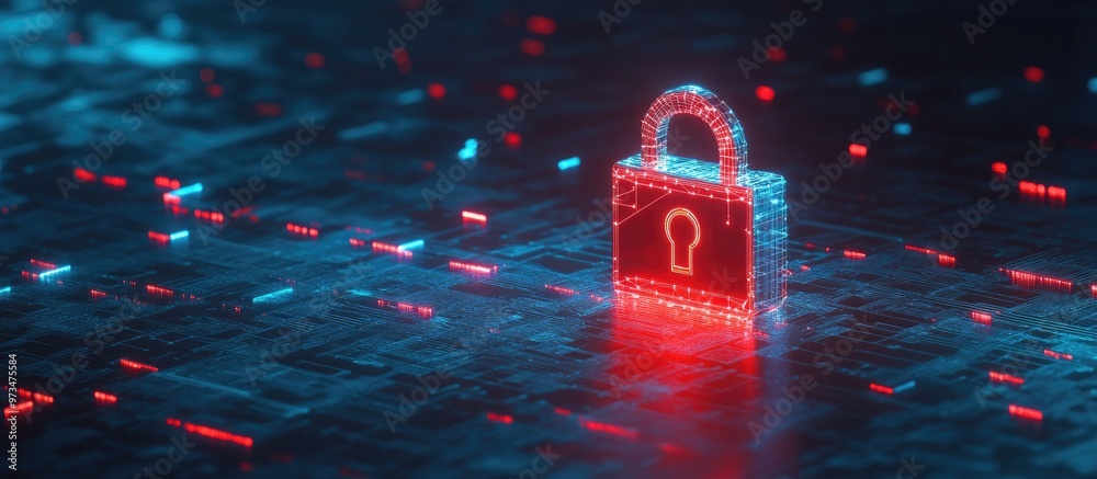 Poster cybersecurity and digital data protection theme featuring a small padlock with binary polygon interc