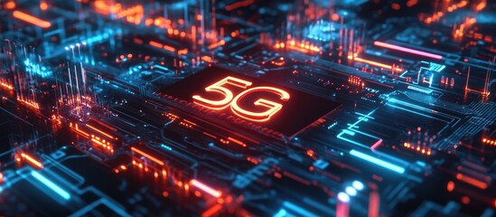 Obraz premium 3D rendering featuring a circuit background with a 5G typography showcasing a digital illustration for technology themes