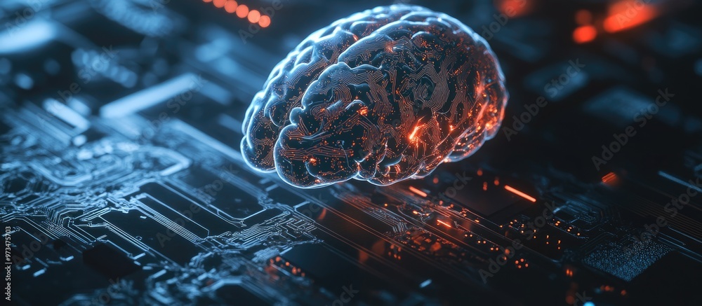 Poster digital data processing concept featuring a brain and circuit board on a dark background illustrates