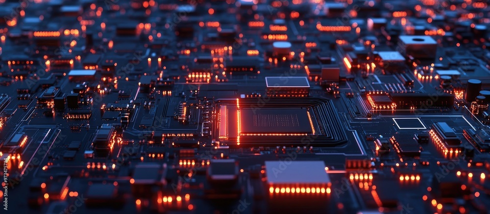 Poster close up of a computer circuit board showcasing high speed data transfer in a technology themed 3d a