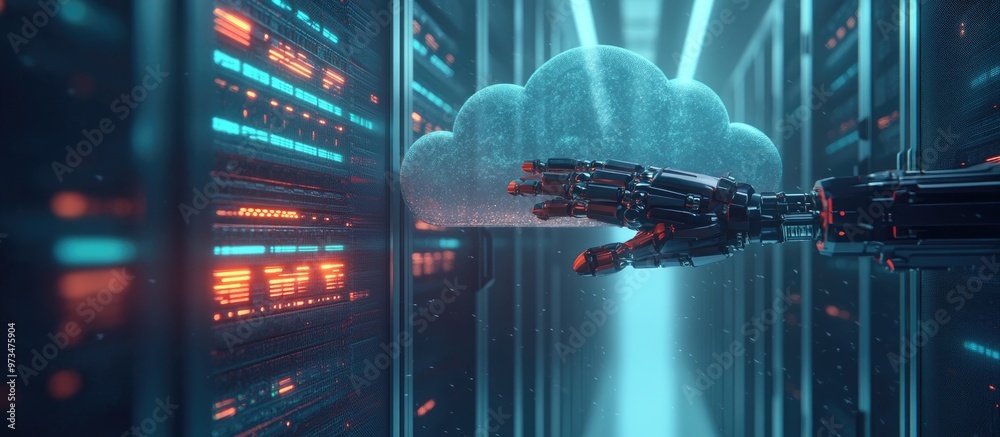 Poster 3d rendering of a server in the cloud showcasing cloud computing technology and a robotic hand inter