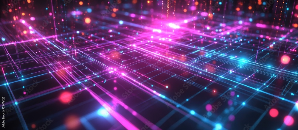 Aufkleber 3d rendering of a vibrant neon mesh composed of luminous lines and dots abstract digital network wit