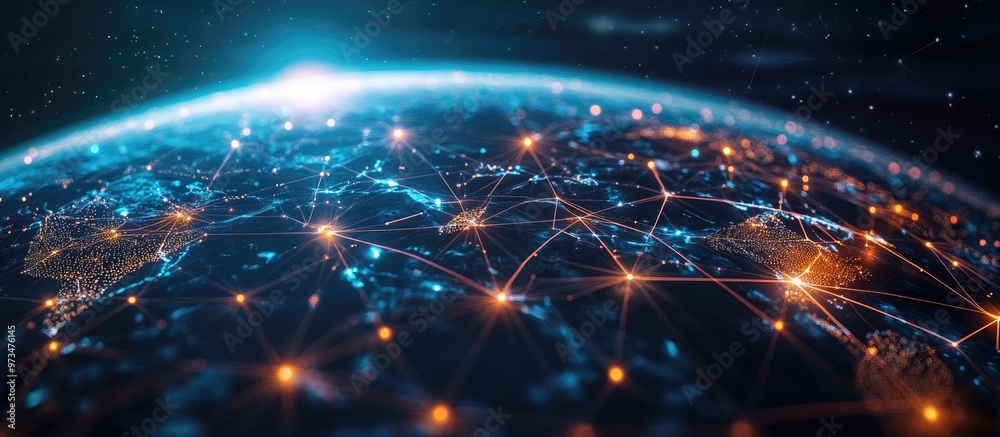 Poster global communication technology connected through an internet network telecommunications and data tr