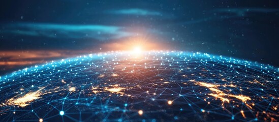Panoramic abstract background featuring connected dots and triangles representing a smaller interconnected world with a minimalistic digital Earth theme